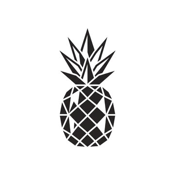 Minimalist pineapple icon, geometric tropical fruit silhouette. Black pineapple graphic on white background for logo design.