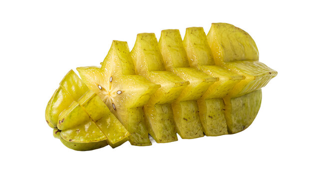 Fresh sliced yellow star fruit isolated on black background as a high quality png file for your creative projects