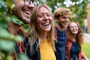 Fototapeta premium Young adult friends laughing together in university courtyard