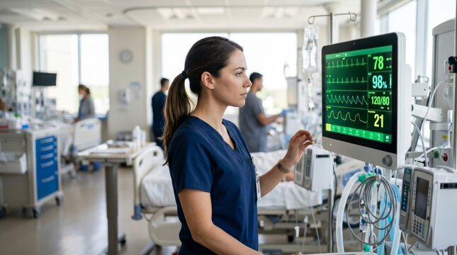 Female nurse monitoring vital signs on a hospital screen, surrounded by a busy healthcare environment.