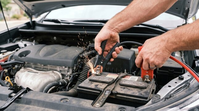 A close-up of a person's hands connecting jumper cables to a car battery, creating sparks. The setting is an automobile hood.