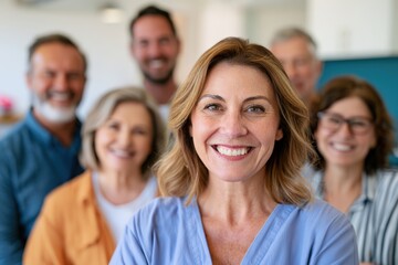 Fototapeta premium Confident female dentist with diverse adult group in community dental clinic