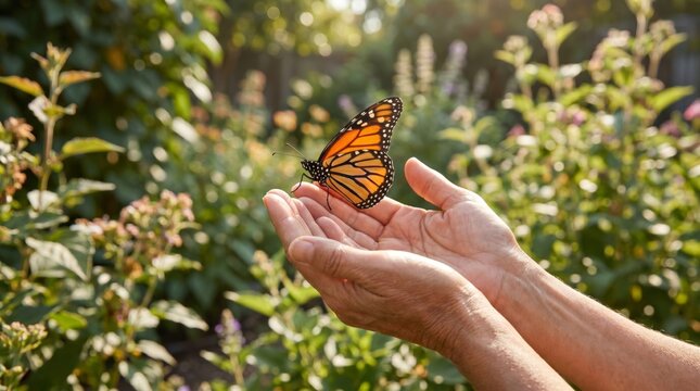 A close-up of a person's outstretched hands releasing a vibrant Monarch butterfly in a blooming garden, capturing a moment of beauty and freedom.