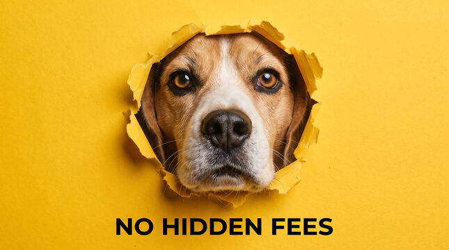 Beagle dog looking through a hole in yellow paper