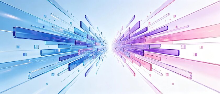Transparent gradient blue and pink glass bars speeding towards central point on clean light background modern abstract digital data speed flow technology concept