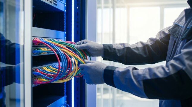 A technician wearing gloves organizes colorful network cables in a server rack, ensuring tidy connections within a data center.