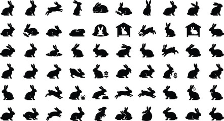 Obraz premium Cute Rabbit and Bunny Poses Glyph Icon Set Featuring Hopping, Sitting, Sleeping, Eating Carrots, and Easter Bunny Vector Symbols