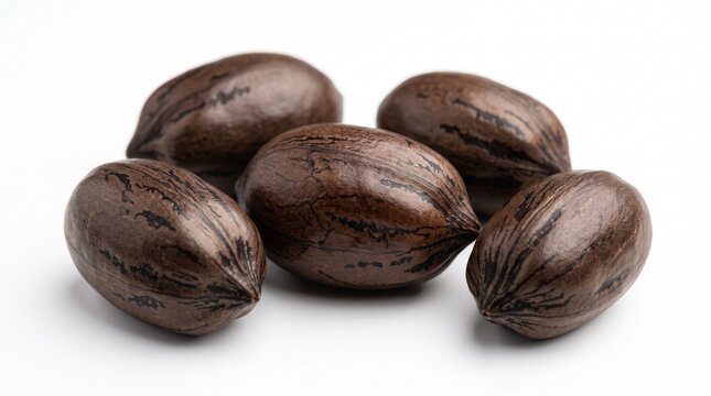 Organic pecan nuts arranged neatly on a clean white surface capturing rich brown textures and natural patterns in studio light