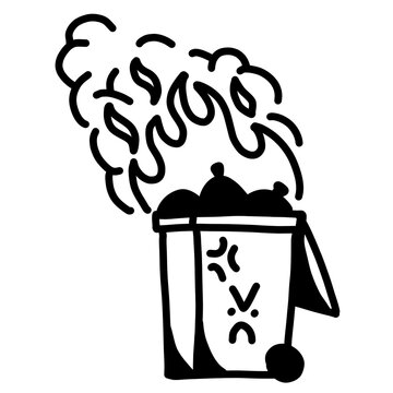 Burning trash can steaming hot with fierce face, bold black line art