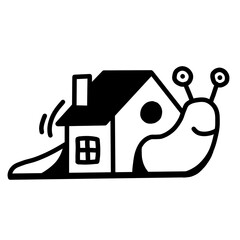 Whimsical snail carrying house shell, bold black line art, surreal home concept © Dani