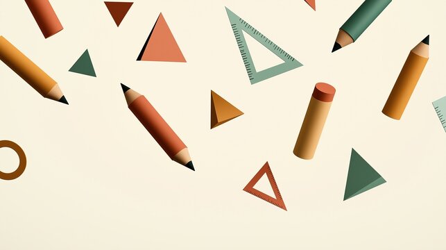 Colorful pencils and geometric triangular rulers scattered floating on a soft cream background minimalist abstract stationery pattern perfect for back to school or creative design projects