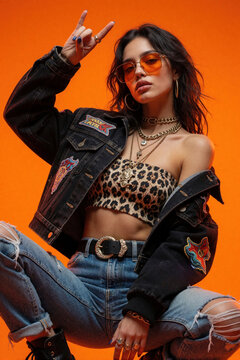Young woman wears denim jacket and leopard print top making rock hand sign. She poses confidently on an orange studio background with cool accessories and ripped jeans.