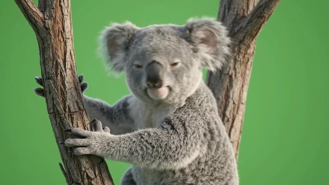 Cute koala sitting on a tree branch waving at camera against green screen