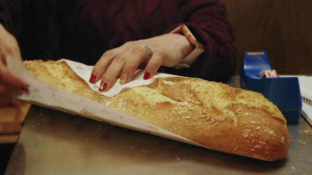 Shop assistant wrapping bread in paper in slow motion