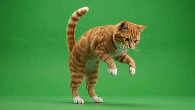 Agile orange tabby cat performing an acrobatic backflip on green screen