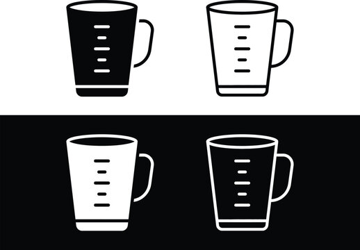 Measuring cup icon set, graduated beaker pitcher symbol, kitchen liquid measurement tool, culinary cooking recipe dose and baking ingredients container vector icons