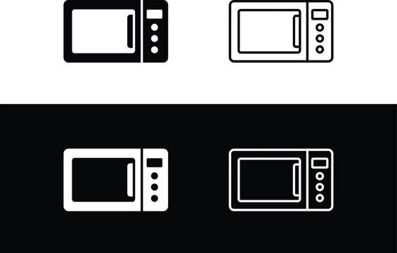 Microwave oven icon set, electric kitchen appliance symbol, food reheating and cooking equipment, domestic household electronics and meal preparation vector icons