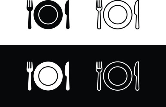 Plate with fork and knife icon set, restaurant dinner dining symbol, cutlery silverware tableware, food catering service, lunch banquet and kitchen utensil vector icons