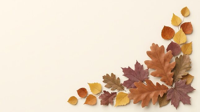 Autumn leaves cascade down the right side of a bright white background