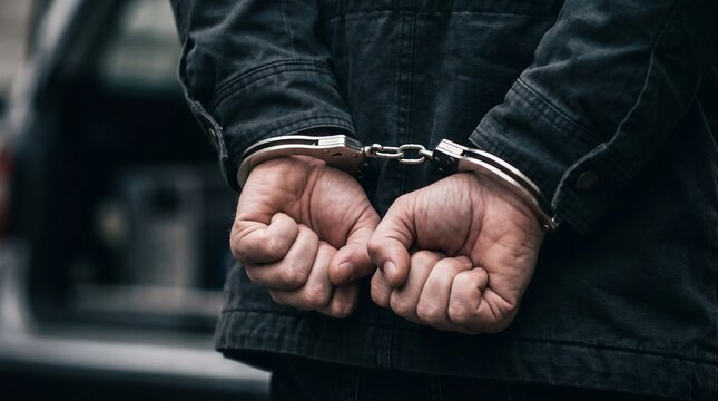 Criminal Arrested in Handcuffs Close-Up Stock Image