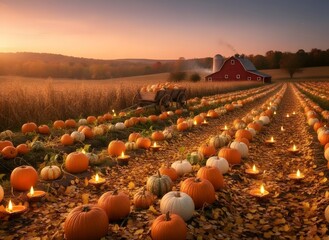Fototapeta premium Autumn pumpkins arranged in rows with glowing candles during golden hour sunset near a red barn