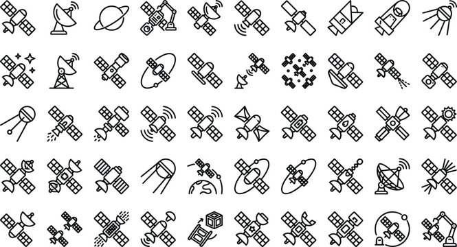 Satellite and Space Technology Line Icon Set Featuring Artificial Satellites, Parabolic Antennas, Solar Panels, Orbiting Spacecraft, and Ground Stations Vector Symbols