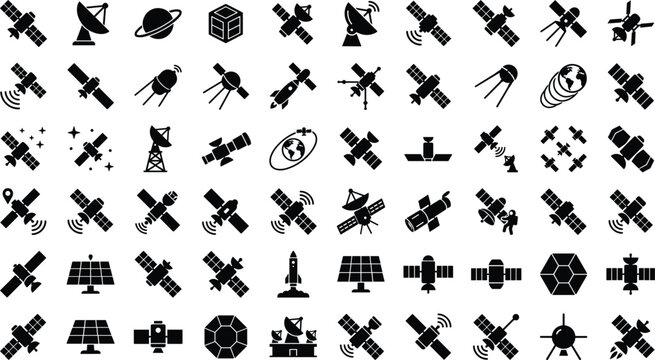 Satellite and Space Technology Glyph Icon Set Featuring Artificial Satellites, Parabolic Antennas, Solar Panels, Orbiting Spacecraft, and Ground Stations Vector Symbols