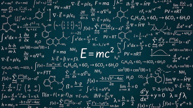 Science and math formulas handwritten on dark chalkboard background