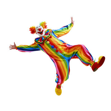 Cheerful clown in rainbow striped jumpsuit jumping with open arms isolated on transparent background PNG element
