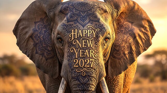 Elephant with intricate New Year 2027 calligraphy greeting during a warm sunset in savanna setting