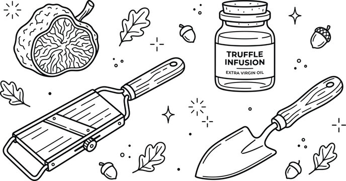 Black Truffle Slicer Trowel and Infusion Oil Vector Set
