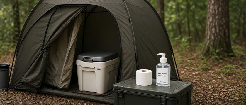 Practical sanitation camping supplies, portable toilet, hand sanitizer, and toilet paper, arranged near tent in green forest. Modern sanitation camping supplies ensure outdoor hygiene for enthusiasts.