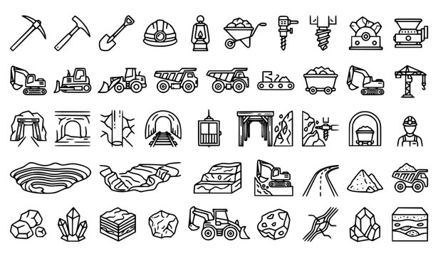Mining Icon Set with Pickaxe, Helmet, Excavator, Truck, Tunnel, Crane, and Quarry Industry Equipment Symbols for Construction Designs