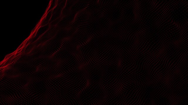 Dark red digital particle network wave moving in deep space a abstract background featuring a flowing grid