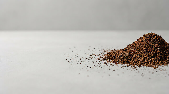 A small pile of finely ground dark brown coffee sits on a light grey surface, ready for brewing.
