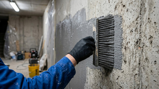 basement waterproofing tanking slurry application | professional damp proofing concrete wall treatment |applying waterproof membrane with large brush |basement renovation moisture protection technique