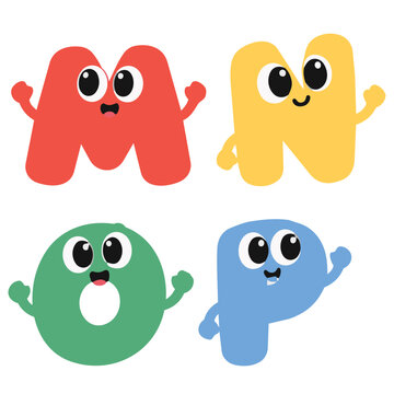 Cute Colorful Alphabet Characters M to P with Big Eyes