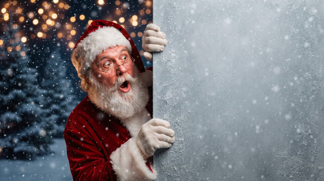 Santa Claus peeking around a frosty surface with a surprised expression
