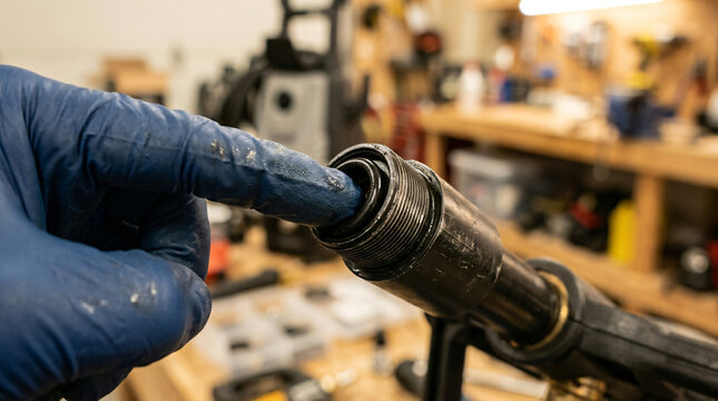 Installing a rubber o-ring seal | Pressure washer repair and maintenance | Close up of gloved hand working on mechanics | DIY home workshop tool service