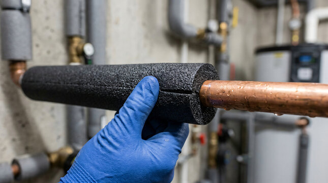 Installing foam insulation on copper water pipes | Home winterization and energy efficiency plumbing | Preventing frozen pipes with tube insulation | DIY plumbing maintenance