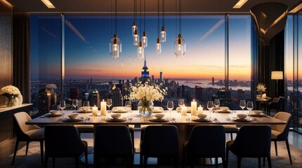 Obraz premium Luxury penthouse dining room with large windows overlooking New York City skyline at sunset. Modern table set for dinner with candles, flowers. Elegant interior features dark chairs, chic decor,