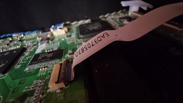 Macro shot of flexible flat ribbon cable EAD3705830 connected to a motherboard ZIF socket.