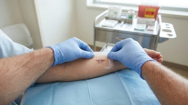 Medical professional in blue gloves applies dressing to patient's arm with surgical stitches, healthcare concept