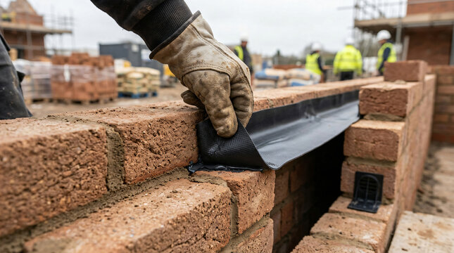 Installing damp proof course membrane on brick wall | Professional masonry construction site work | Waterproofing building foundations with DPC | Construction worker hand in leather safety gloves