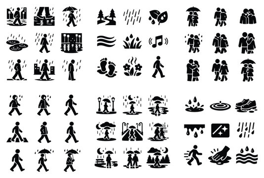 Rain and weather vector icons with walking person, umbrella and raindrops for outdoor mobile app design in black solid style