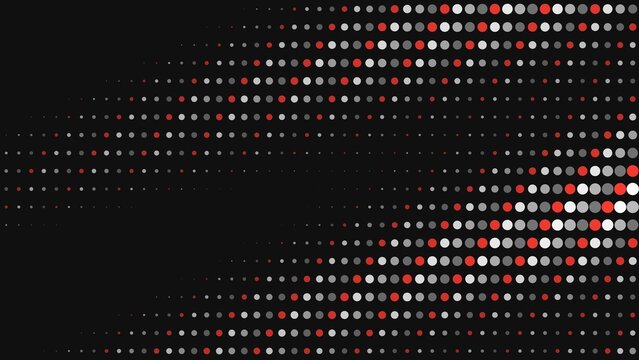 Halftone pattern with red, white, and grey dots on a dark background, forming a horizontal wave shape with varying circle sizes and density
