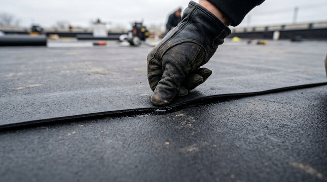 Commercial flat roof installation and repair | Roofer sealing seam on EPDM membrane | Professional waterproofing service for industrial buildings | Close up of worker hand in protective glove
