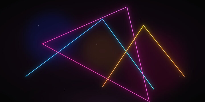 Neon geometric triangle shapes glowing in vibrant multi colors on transparent background