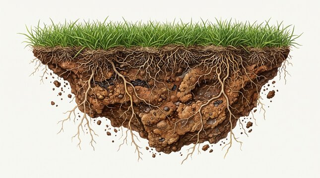 Isolated floating block of earth cross-section with green grass and detailed underground root system