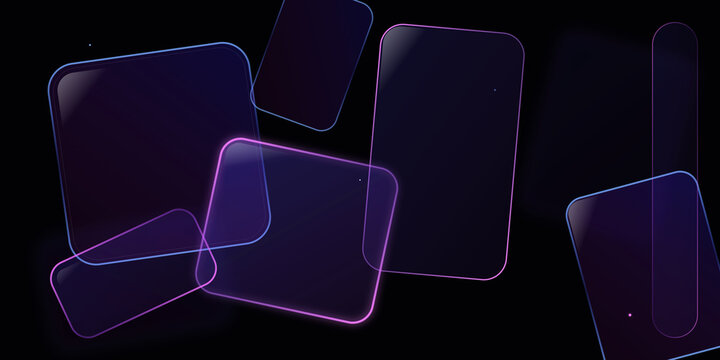 Abstract floating glass rectangles with neon glowing edges on transparent background